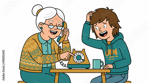 Elderly woman explaining rotary phone to confused young man generational gap cartoon illustration