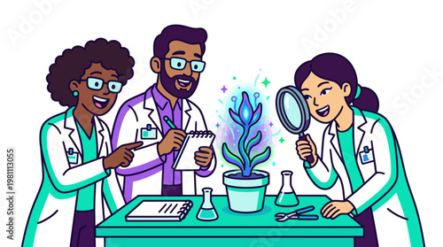 Diverse scientists in lab coats researching bioluminescent plant in laboratory vector illustration