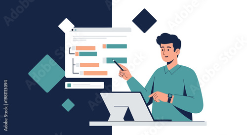 Man presenting project plan on a digital tablet and screen, business strategy