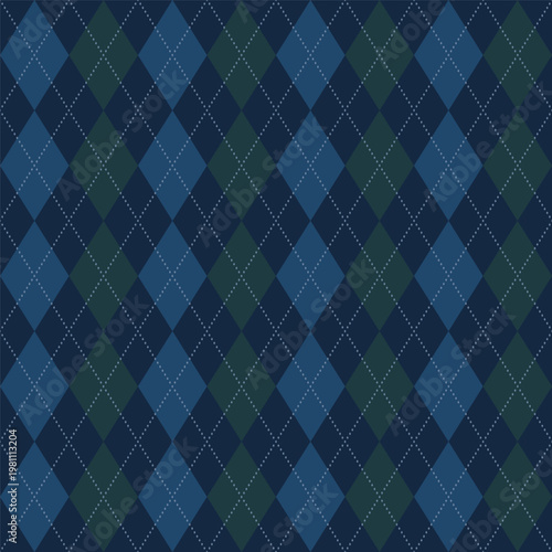 Argyle seamless pattern. Repeating blue argyles background for golf. Rhombus green plaid. Repeated navy knit design prents. Argyll diamond patern. Sweater bg. Winter wallpaper. Vector illustration