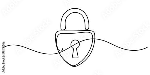 Continuous line drawing of a heart shaped padlock representing love and security on white. Vector, illustration