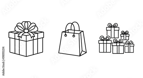 Line art illustration of gifts and shopping bags a celebratory silhouette