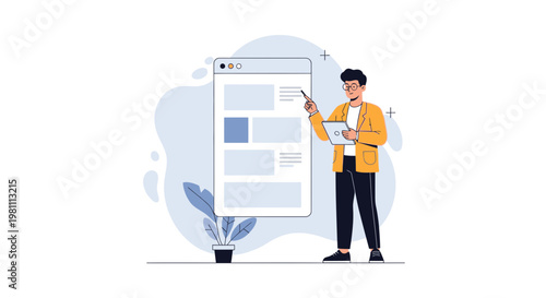 Man presenting website design on tablet near screen with website interface