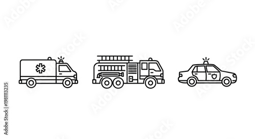 Emergency vehicles including ambulance fire truck and police car silhouette
