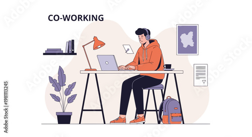 Young man working on laptop in co-working space, headphones, modern office, remote work concept