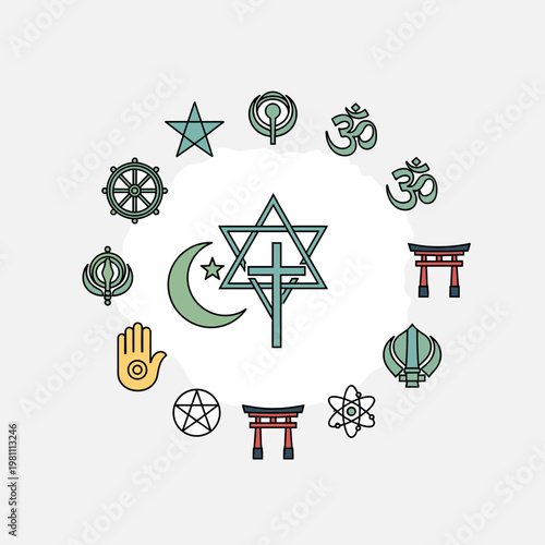 A circular arrangement of various religious symbols including Christianity, Islam, Judaism, Hinduism, Buddhism, Sikhism, and others, representing global faiths and spirituality.