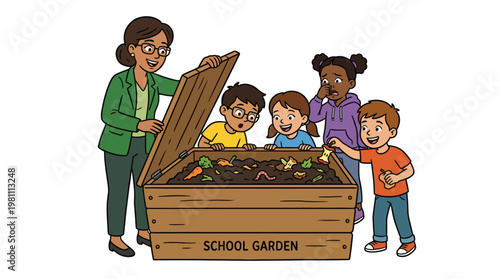 Illustration of teacher and students learning about composting and sustainability in school garden