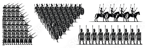 Ancient Roman legion formation vector, black and white silhouette illustration of soldiers in organized military formation, ideal for history, warfare, and educational design projects.