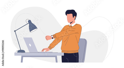 Man stretching at desk with laptop, working from home concept