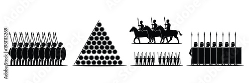Roman army formation silhouette, vector illustration in black and white showing disciplined legion ranks, perfect for historical graphics, textbooks, and cultural content.