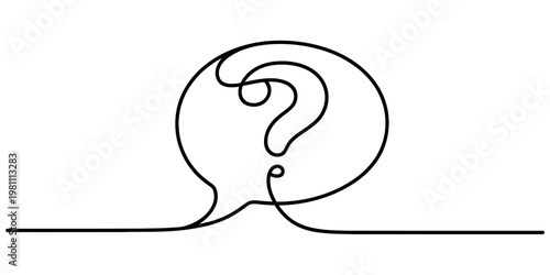 Continuous line drawing of a question mark inside a speech bubble on a white background. Vector, illustration