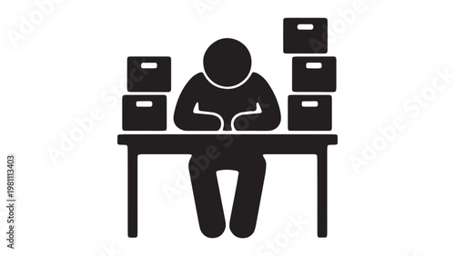 Overworked employee sitting at desk with piles of boxes and paperwork icon.