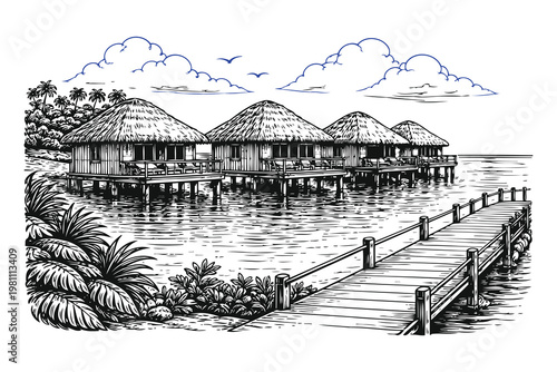 Tranquil overwater bungalows in a serene tropical lagoon setting Vector