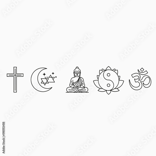 Outline icons representing major world religions including Christianity, Islam, Judaism, Buddhism, Taoism, and Hinduism on a white background.