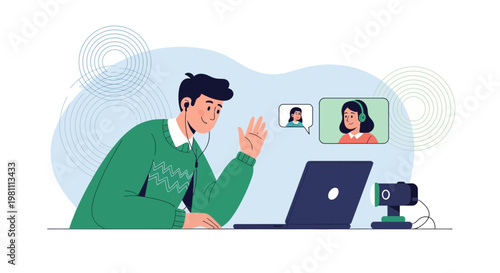 Man waving during video call on laptop with webcam and participants
