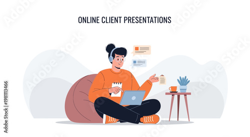 Young person in headphones giving online client presentation on laptop, working remotely