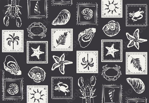 Photos Sea shells, fossils and mollusks seamless pattern