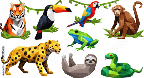Set of 8 Low-Poly Style Animal Illustrations Including Tiger, Toucan, Parrot, Monkey, Sloth, and More