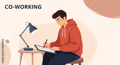 Young Man Working Remotely on Tablet in Co-Working Space, Digital Art