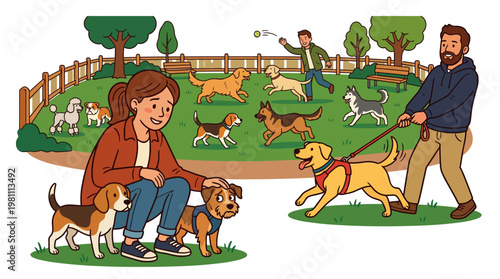 Illustration of a dog park with people and various dog breeds playing outdoors