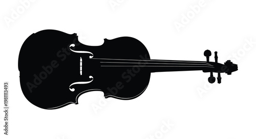 A striking black violin shape is prominently displayed as a dark silhouette