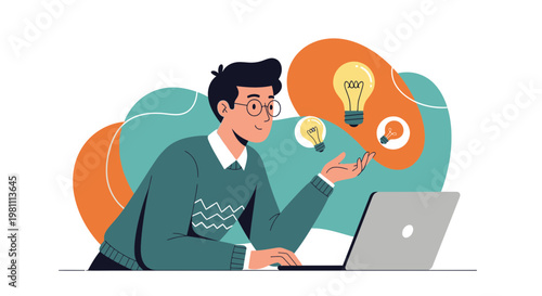 Man with Glasses Working on Laptop, Ideas and Innovation Concept with Lightbulbs