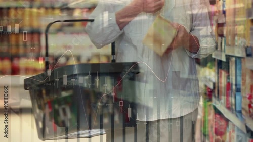 Vertical video: Grocery buyer reaching shelf, picking item, reading label, finance overlaying