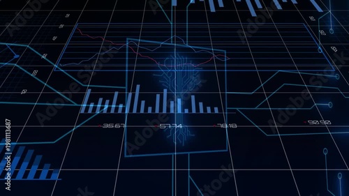 Camera pulling back initiating central histogram, pie charts animating on neon grid showing trends