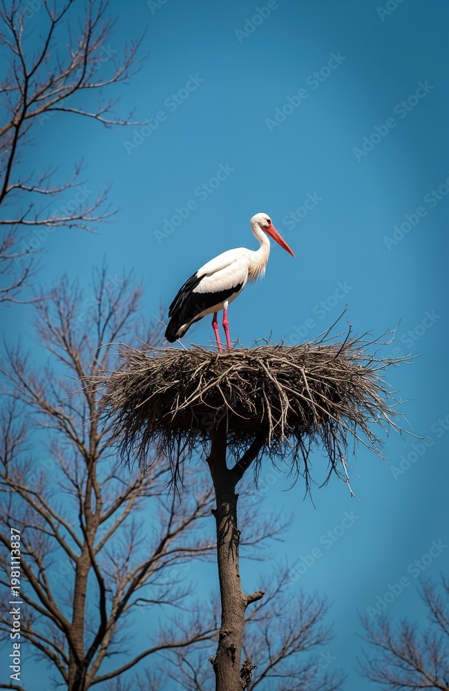 Obraz premium White stork stands in its large nest atop a bare tree. The bird has black wing feathers and a red beak. Clear blue sky forms the background. It is a symbol of new life and family.