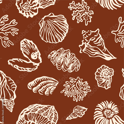 Obraz na plátne Sea shells, fossils and mollusks seamless pattern