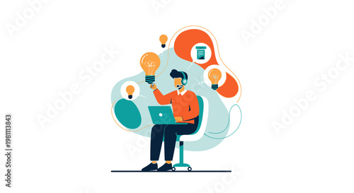 Man with headset and laptop generating ideas with lightbulbs, representing innovation and creativity