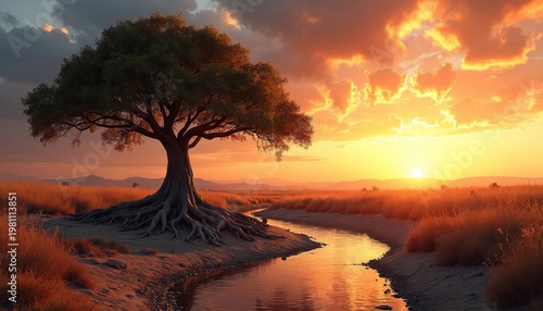 Old tree with big roots stands by calm river during bright sunset. Dry grass fields stretch to horizon under dramatic orange sky. Sun sets with radiant golden light.