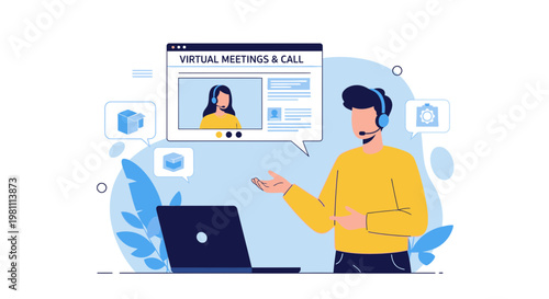 Man with headset on virtual meeting call with laptop and colleague on screen