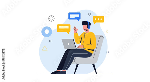 Man with headset working on laptop with chat bubbles, online communication concept