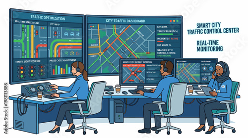 Smart city traffic control center with operators monitoring real-time urban traffic data and dashboards