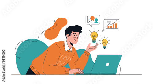 Man with laptop generating ideas, lightbulbs, business charts, and team communication icons
