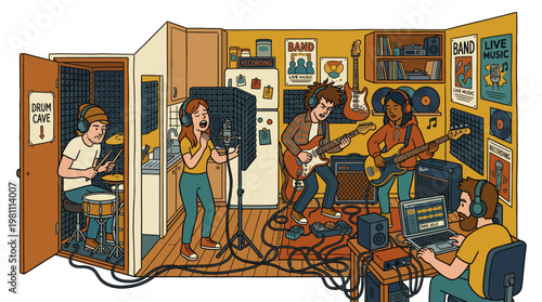 Indie band recording music in a small apartment DIY home studio cartoon illustration