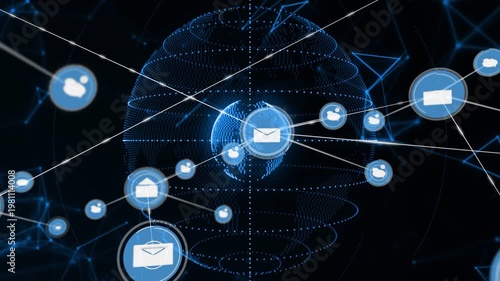 Glowing envelope starting Holo globe, sparking lines, spawning nodes, forming dense tech network