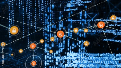 Central node pulsing, sending line linking cart and padlock icons, expanding e-commerce network