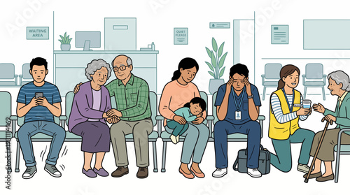 Diverse patients medical staff and volunteers in a hospital clinic waiting room illustration