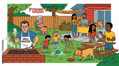 Lively summer backyard BBQ party illustration with family kids and grumpy grill master
