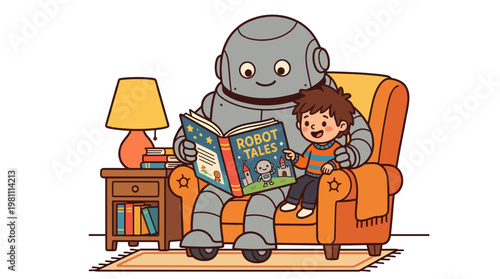Friendly robot reading a storybook to a happy young boy in a cozy armchair