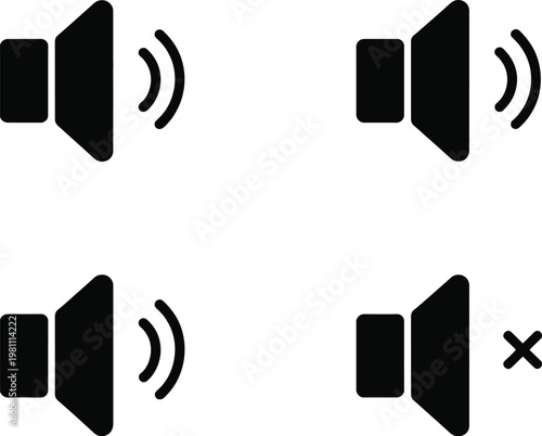 Speaker Icon Set with Sound Waves and Mute Symbol, Audio Control and Volume Indicators, Modern Flat Design for UI, Apps, Streaming, and Digital Communication Interfaces