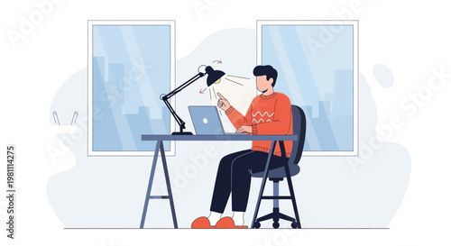 Man working on laptop at desk with desk lamp, home office setup, remote work concept
