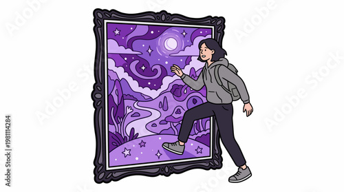 Woman stepping into surreal purple dream landscape painting as adventure and imagination concept