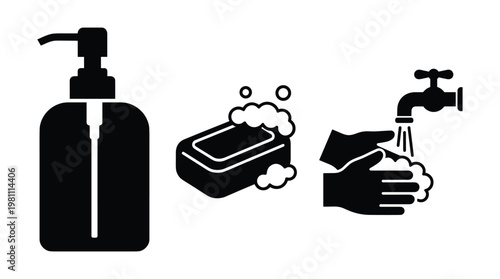 Hygiene icons set for hand washing with soap and liquid pump bottle.