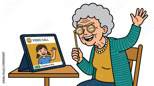 Cartoon illustration of senior grandmother having a video call with granddaughter on digital tablet