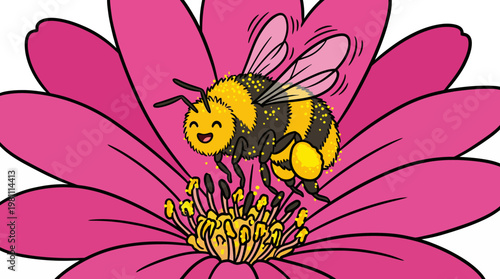 Cute cartoon bumblebee covered in yellow pollen on a vibrant pink flower pollination scene