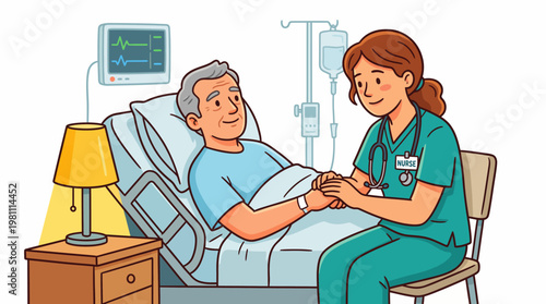 Nurse comforting elderly patient in hospital bed medical care cartoon illustration