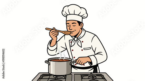 Cartoon male chef tasting hot soup from wooden spoon while cooking on stove